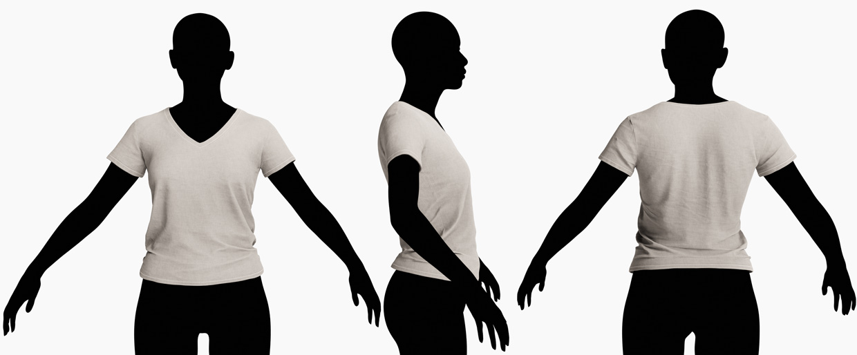 Lineup of female V-neck T-shirt 3D models featuring high-quality textures